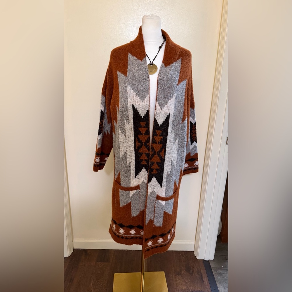 Rust Geo-Pattern Open Front Cardigan Sweater for … - image 7